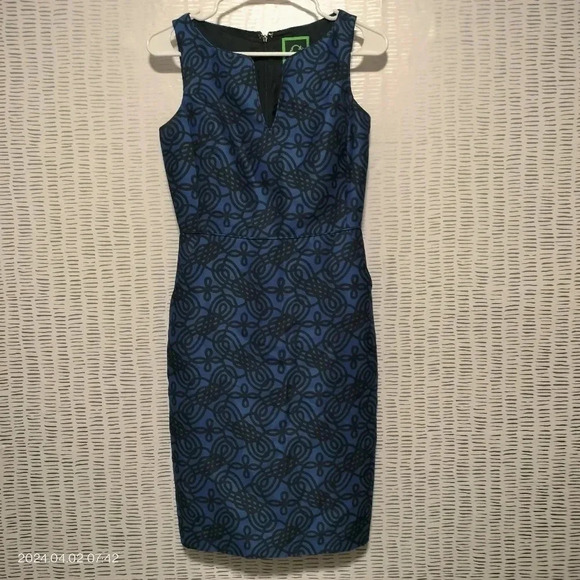 C Wonder Blue Black Abstract Sleeveless Lined V Neckline Tailored Dress size 0 - Picture 1 of 13